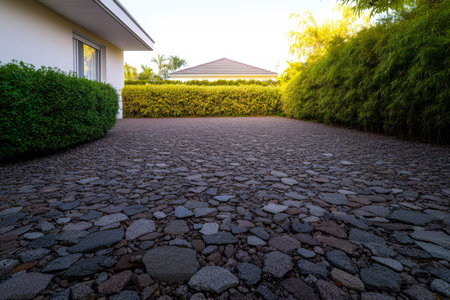 A textured stone pathway leads to a serene space surrounded by lush green shrubs and bamboo creating a peaceful ambiance in a quiet neighborhood during golden hour.の素材