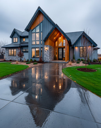 Contemporary residential architecture featuring stone and wood elements. The sleek exterior is highlighted by large windows and a shell of rain-soaked pavement reflecting the structure.の素材