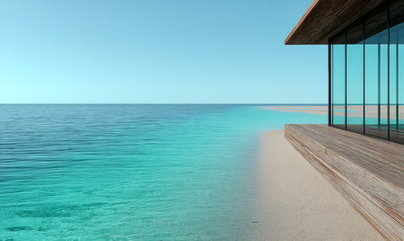 A contemporary building seamlessly merges with the landscape on a serene beach. The crystal clear waters gently kiss the sandy shore under a bright blue sky creating a peaceful retreat.の素材