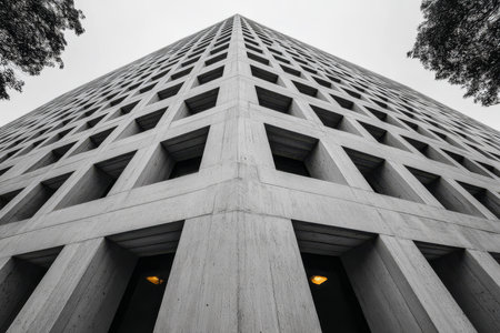 Tall concrete structure with a grid pattern showcases modern architecture. The shot captures the building from a low angle emphasizing its height against a gray sky creating a dramatic effect.の素材