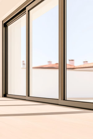 Large glass windows illuminate a contemporary room with warm light offering a view of rooftops outside. The clean lines and minimalist aesthetic enhance the inviting atmosphere.の素材