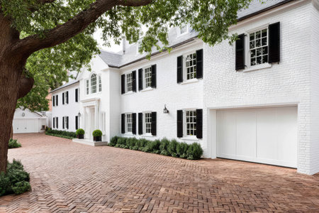 This elegant white brick house features classic black shutters and a well-maintained driveway lined with greenery. The architecture reflects a timeless style in a peaceful residential area.の素材