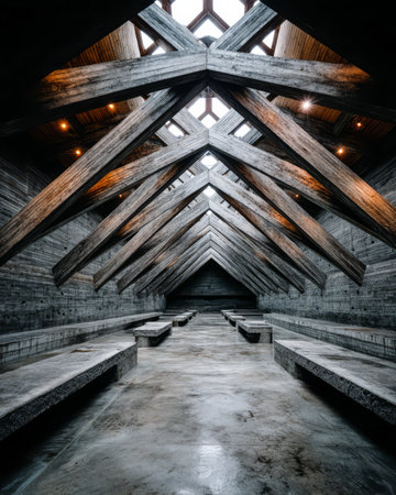 A striking interior showcases a modern architectural design with exposed wooden beams and concrete surfaces.の素材