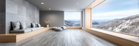 Bright and open living area featuring large windows showcasing snow-capped mountains. Soft cushions and natural wood accents create a serene atmosphere in the minimalist space ideal for relaxation.の素材