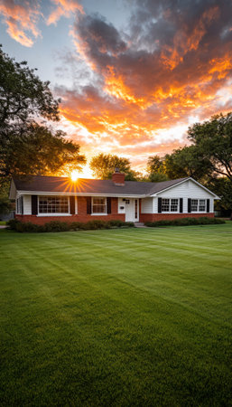 A picturesque suburban home stands proudly under a vibrant sunset with warm hues illuminating the sky.の素材