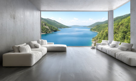Spacious living room features white sofas and large windows overlooking a tranquil blue bay surrounded by lush greenery. Sunlight floods the interior creating a calming atmosphere.の素材