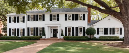 A stunning colonial house features white siding black shutters and a lush green lawn. Large windows reflect sunlight while a majestic tree provides shade on this beautiful day.の素材