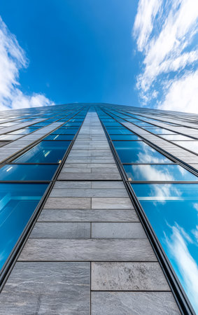 Looking up at a sleek glass office building the structure showcases a blend of steel and stone materials. Clouds reflect off the expansive windows under a bright blue sky.の素材