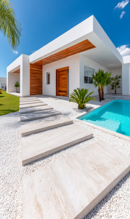 A contemporary house features a stylish design with a spacious pool and elegant pathways. Lush greenery enhances the inviting atmosphere on a sunny day.の素材
