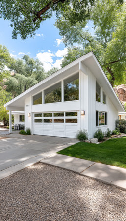 Bright modern house features expansive windows and a sleek design. Surrounded by greenery the property highlights well-kept landscaping and a spacious driveway under a clear blue sky.の素材