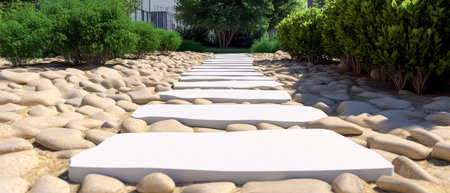 A winding pathway of flat stones cuts through a lush garden surrounded by vibrant green bushes and foliage under a clear sky. The design invites exploration and tranquility.の素材