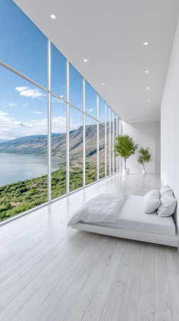 Spacious bedroom featuring large glass windows that offer a breathtaking view of a tranquil lake surrounded by mountains. The sleek design emphasizes natural light and simplicity.の素材