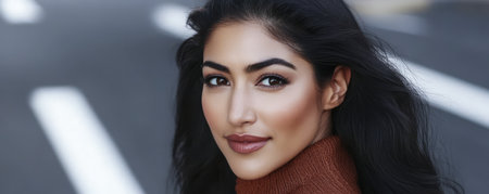 A woman with long dark hair gazes confidently at the camera standing on a city street. The background features blurred lines of a road creating a dynamic urban atmosphere.の素材