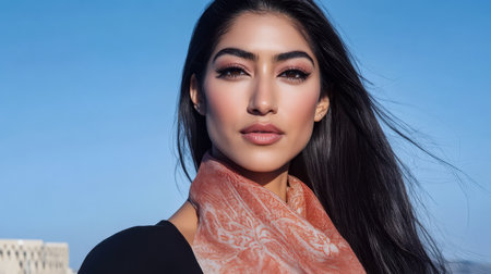 A woman stands confidently outdoors with her hair blowing gently in the wind. She wears a stylish scarf and gazes into the distance enhancing her striking features against the bright blue sky.の素材