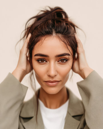 A young woman with long hair pulls her hair back with her hands showcasing a natural look. She stands against a soft beige background wearing a simple outfit exuding confidence and poise.の素材