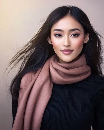 A young woman poses gracefully showcasing her long dark hair and wearing a cozy scarf. The soft lighting highlights her natural beauty in a simple background creating an elegant atmosphere.の素材