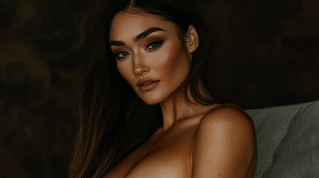 A woman is seated comfortably striking a pose with a soft expression. The warm tones and gentle lighting enhance her features creating an intimate atmosphere.の素材