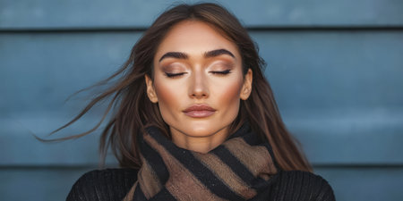 Subject displays a calm demeanor with closed eyes set against a textured blue backdrop. Her long hair gently flows and she wears a stylish scarf exuding an aura of tranquility.の素材