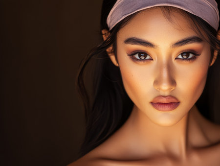 A woman is captured in soft natural light showcasing her striking facial features and expression. The moment highlights her beauty and elegance with subtle makeup and a simple headband.の素材