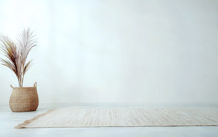 A spacious room showcases a soft woven rug laid on a light floor. A decorative plant in a natural basket adds a touch of greenery to the minimalist decor.の素材