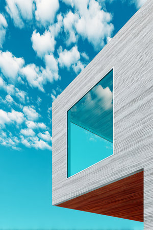 This striking building features sleek textured walls and a large glass window reflecting the sky. Fluffy clouds contrast beautifully against the vivid blue backdrop showcasing modern design.の素材