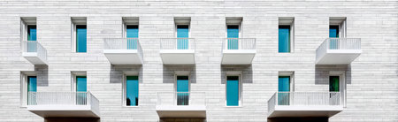 Brightly lit contemporary building features a clean stone facade with multiple balconies and large blue windows. The architectural design highlights geometric patterns and urban aesthetics.の素材
