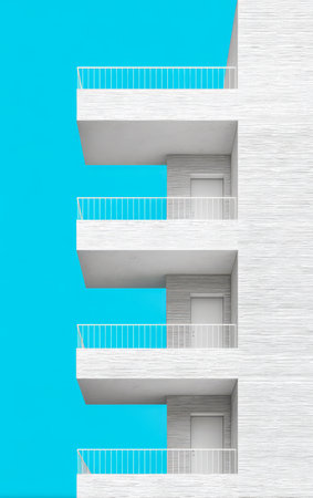A modern structure showcases several white balconies with clean lines set against a vibrant blue sky. The building features minimalist design and vertical symmetry creating an eye-catching contrast.の素材