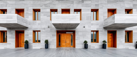 A striking building showcases a sleek stone exterior complemented by wooden windows and doors. Planters with greenery enhance the inviting atmosphere. The design reflects contemporary aesthetics.の素材