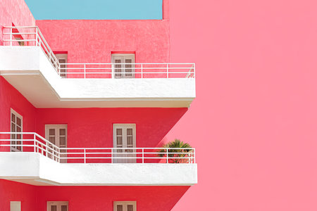 A vibrant pink building features sleek white balconies and a potted plant creating a cheerful atmosphere in a sunny environment. The clear blue sky enhances the lively colors.の素材