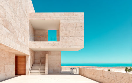 Clean lines and minimalist design define this structured balcony overlooking a beautiful ocean. Clear blue skies create a serene atmosphere while inviting natural light into the space.の素材