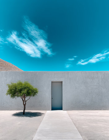 A modern structure stands against a bright blue sky featuring a simple white door and adjacent to a lone tree. The landscape is stark but beautiful embodying minimalistic design principles.の素材