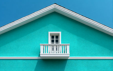 A turquoise house features a small balcony with a white railing set against a clear blue sky. The architectural design highlights bright colors and modern aesthetics creating a cheerful environment.の素材