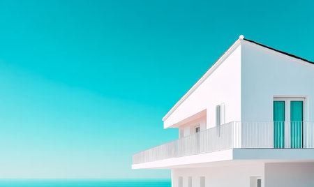 A sleek white house with a balcony stands against a clear turquoise sky. The ocean below shimmers in the sunlight creating a tranquil and inviting atmosphere in a coastal setting.の素材