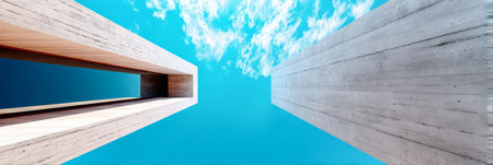 Two towering structures made of wood and concrete rise against a bright blue sky. Fluffy clouds add a touch of softness to the modern architectural design.の素材