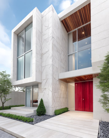 A contemporary building showcases a minimalist aesthetic with large windows and unique textures.の素材