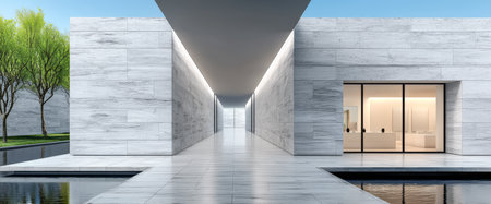 A minimalist structure features smooth marble walls large glass windows and clean lines. Surrounded by greenery it creates a serene atmosphere reflecting contemporary aesthetics.の素材