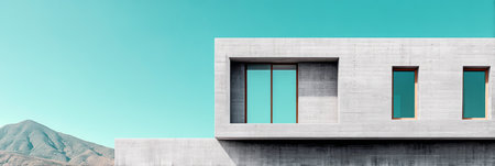 A sleek modern concrete structure stands prominently against a bright blue sky. Large windows reflect the surrounding landscape including a distant mountain.の素材