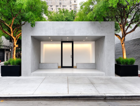 A striking concrete structure is positioned along a city sidewalk featuring clean lines and minimalist design. Tall trees frame the entrance offering contrast to the modern aesthetics.の素材