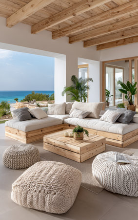 Spacious living area features wooden furniture and cozy seating surrounded by greenery with a stunning ocean view in the background. Natural light fills the airy room.の素材