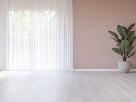 Bright and airy indoor area features sheer white curtains filtering natural light. A green potted plant adds a touch of nature enhancing the calm atmosphere. The walls are painted a soft hue.の素材