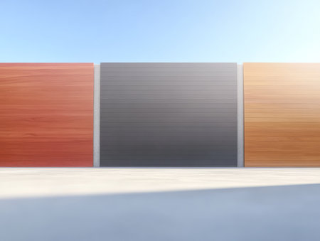 Three distinct wall panels in shades of red gray and brown stand against a bright blue sky. Sunlight casts soft shadows highlighting their textured surfaces and unique colors.の素材
