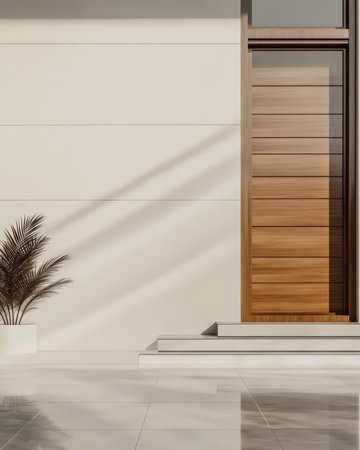 A sleek home entrance showcases a modern wooden door against a smooth light-colored wall. Sunlight casts shadows on the polished floor highlighting an elegant plant beside the entrance.の素材