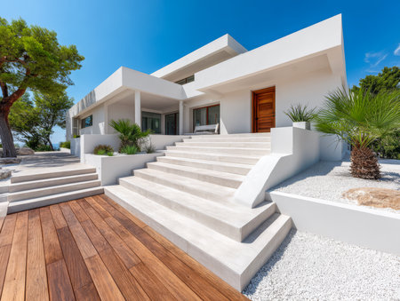 This contemporary villa features clean lines and a striking white facade complemented by landscaped gardens and wooden pathways. Sunlight illuminates the spacious entryway of this stunning home.の素材