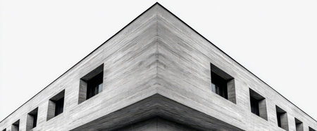 This structure showcases a contemporary architectural style with clean lines and a sharp triangular shape. The gray concrete facade is complemented by the rectangular windows highlighting minimalism.の素材