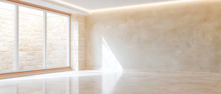 Natural light streams through large windows highlighting the clean lines of the minimalist interior. A neutral color palette complements the serene atmosphere.の素材