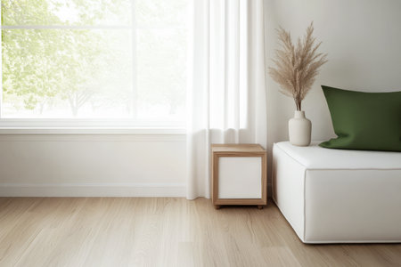 This cozy living room showcases a white sofa and a green pillow complemented by a wooden side table. Soft natural light enters through sheer curtains enhancing a tranquil atmosphere.の素材