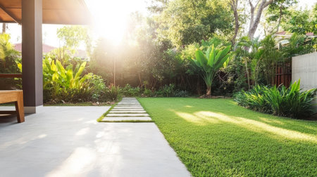 Bright sunlight filters through trees in a beautifully maintained garden featuring a lush green lawn. Stepping stones create a pathway enhancing the tranquil outdoor space.の素材