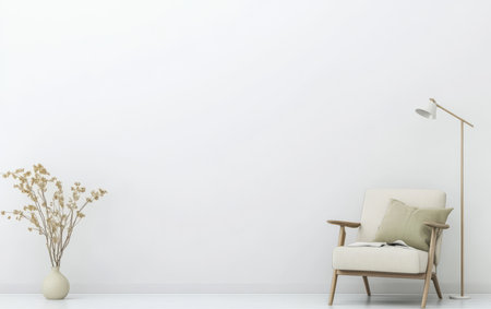 A cozy living room features a light beige armchair next to a tall floor lamp. A vase with dried flowers adds a touch of nature to the serene uncluttered space.の素材
