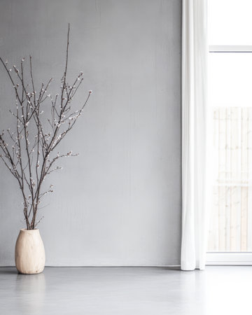 A spacious room features a light gray wall and polished floor enhancing the minimalist design. A slender vase holds bare branches while natural light streams through the sheer white curtain.の素材