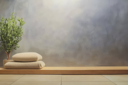 Soft cushions rest on a wooden platform in a tranquil setting complemented by a small green plant and a textured wall nearby creating a serene ambiance ideal for relaxation.の素材